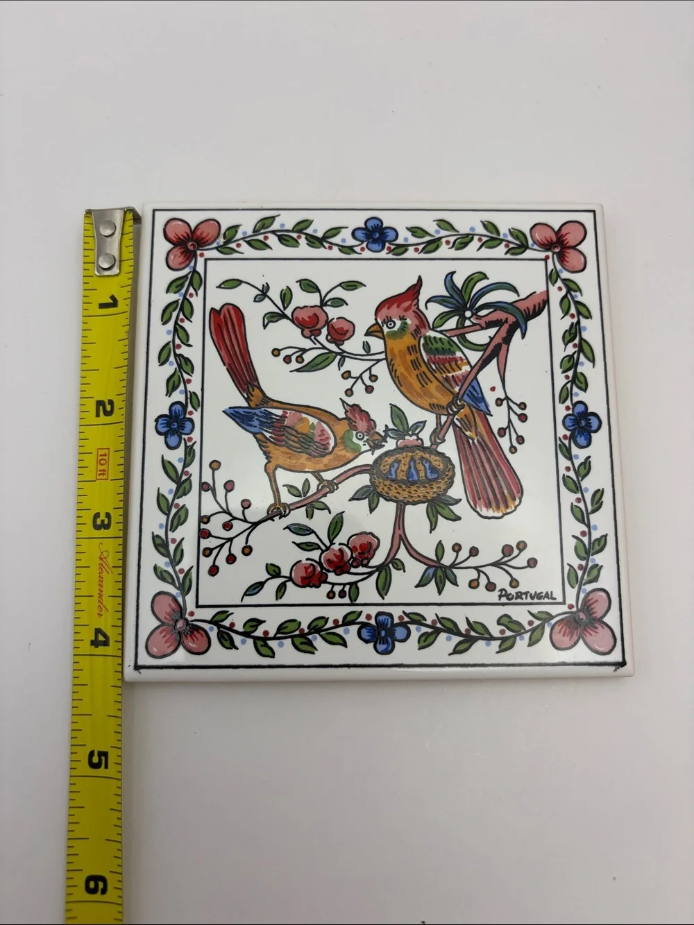Decorative Ceramic Hand Painted Birds Miniature Tile Portugal Cork on Back